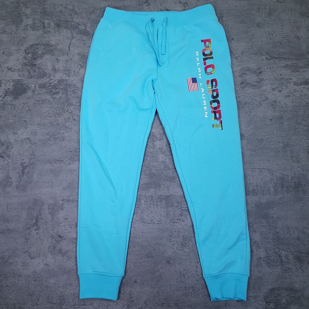POLO Sport Ralph Lauren‎ Madras Plaid Logo Fleece Jogger Pants Mens SMALL Blue